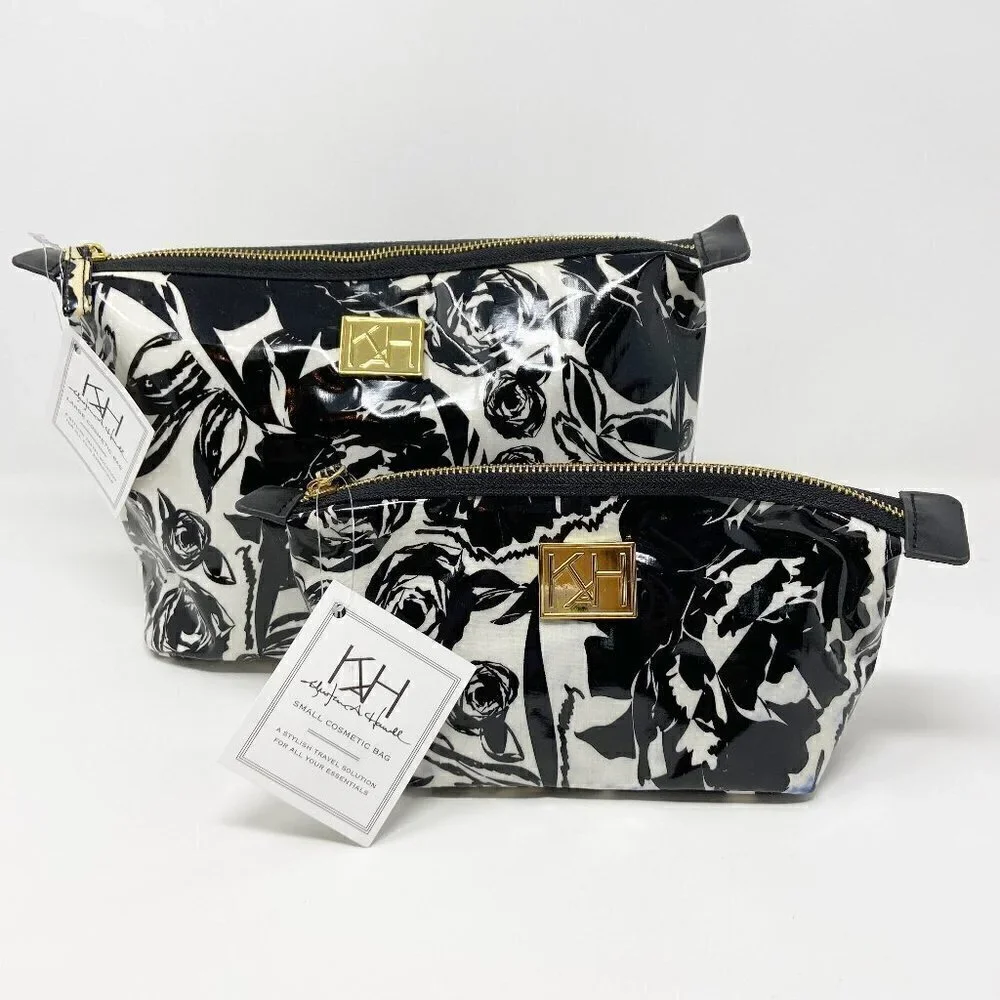 ANNA GRIFFIN | Set of 2 Black White Floral Cosmetic Bags Coated Cotton